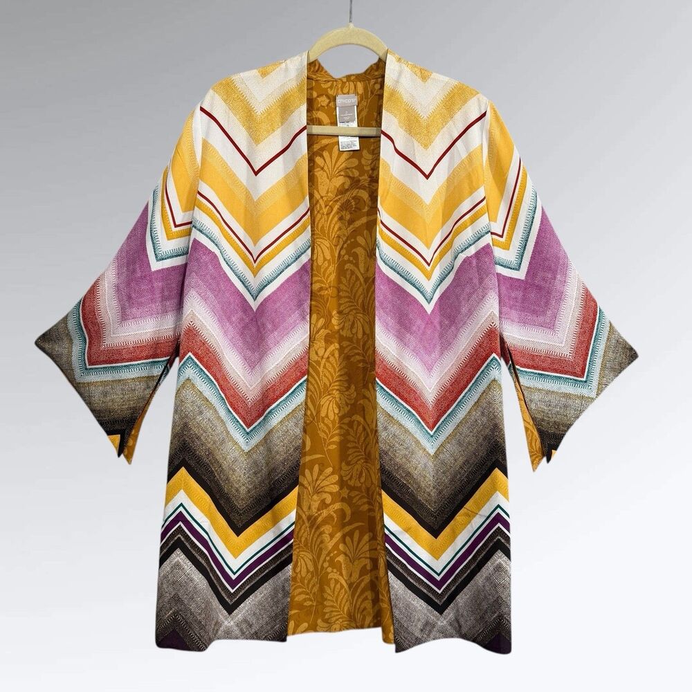 Chico's Reversible Chevron Jacquard Open Front Kimono Jacket Multi Sz L/2 - NEW